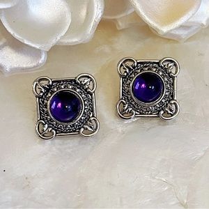 Silver Tone Simulated Purple Cabochon Square Earrings 1” Statement